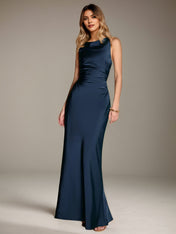 Navy Blue Sheath/Column Scoop Sleeveless Floor-Length Satin Bridesmaid Dress