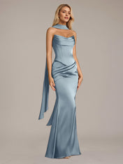 Dusty Blue Sheath/Column Satin Off The Shoulder Sleeveless Floor Length Dress