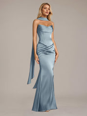 Dusty Blue Sheath/Column Satin Off The Shoulder Sleeveless Floor Length Dress