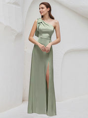 Sage Satin A Line One Shoulder Sleeveless Floor Length Bridesmaid Dresses With Bow