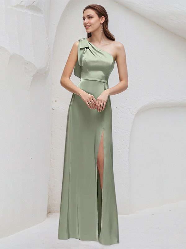 Sage Satin A Line One Shoulder Sleeveless Floor Length Bridesmaid Dresses With Bow