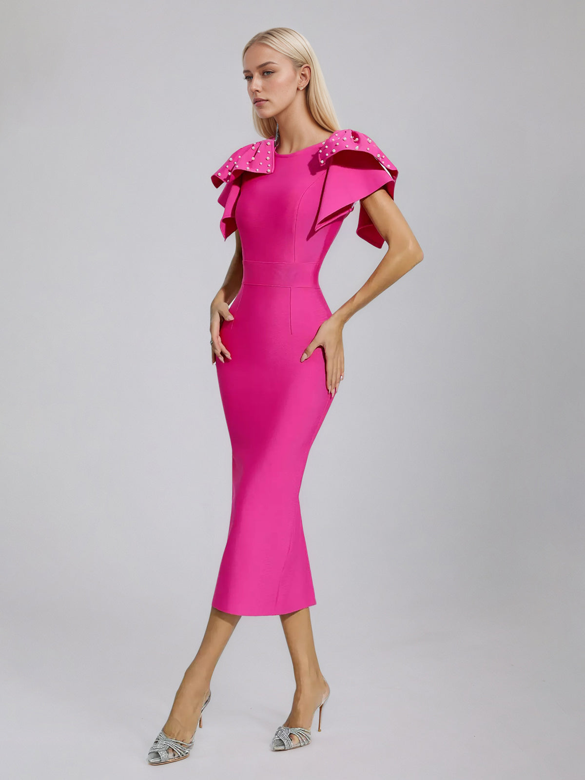 Rose Red Knitted Embellished Midi Dress