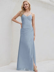 Dusty Blue Chiffon A Line Spaghetti Straps Sleeveless Floor Length Bridesmaid Dress With Slit