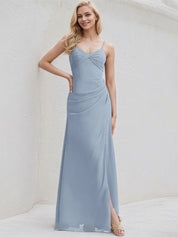 Dusty Blue Chiffon A Line Spaghetti Straps Sleeveless Floor Length Bridesmaid Dress With Slit