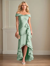 Sheath/Column Satin Off The Shoulder Sleeveless Asymmetrical Dress