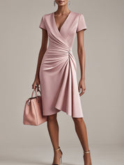 Pink Sheath/Column Satin V Neck Short Sleeves Knee Length Dresses