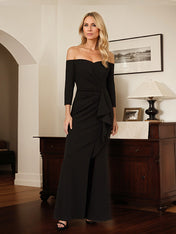 Black Chiffon Off the Shoulder 3/4 Sleeves Ankle Length Mother of the Bride Dress