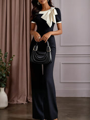 Women Black Bow Boat Neck Short Sleeve Dressy Jumpsuit