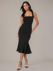 Black Sheath/Column Stretch Crepe Square Neck Sleeveless Tea Length Dresses