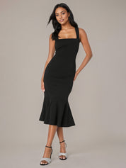 Black Sheath/Column Stretch Crepe Square Neck Sleeveless Tea Length Dresses