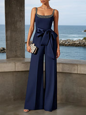 Purplish Blue Bow Hotfix Embellished Sleeveless Jumpsuit