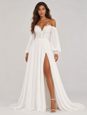 Elegant Off-the-Shoulder Lace Chiffon A-Line Wedding Dress with Bishop Sleeves, High Slit and Sweep Train