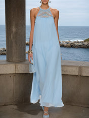 Light Blue Braided Strap Pearl Chiffon Halter Sleeveless A-Line Maxi Dress