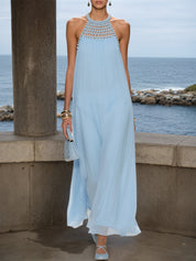 Light Blue Braided Strap Pearl Chiffon Halter Sleeveless A-Line Maxi Dress