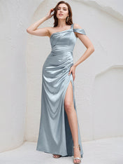 Ice Blue Satin A Line One Shoulder Sleeveless Floor Length Bridesmaid Dress