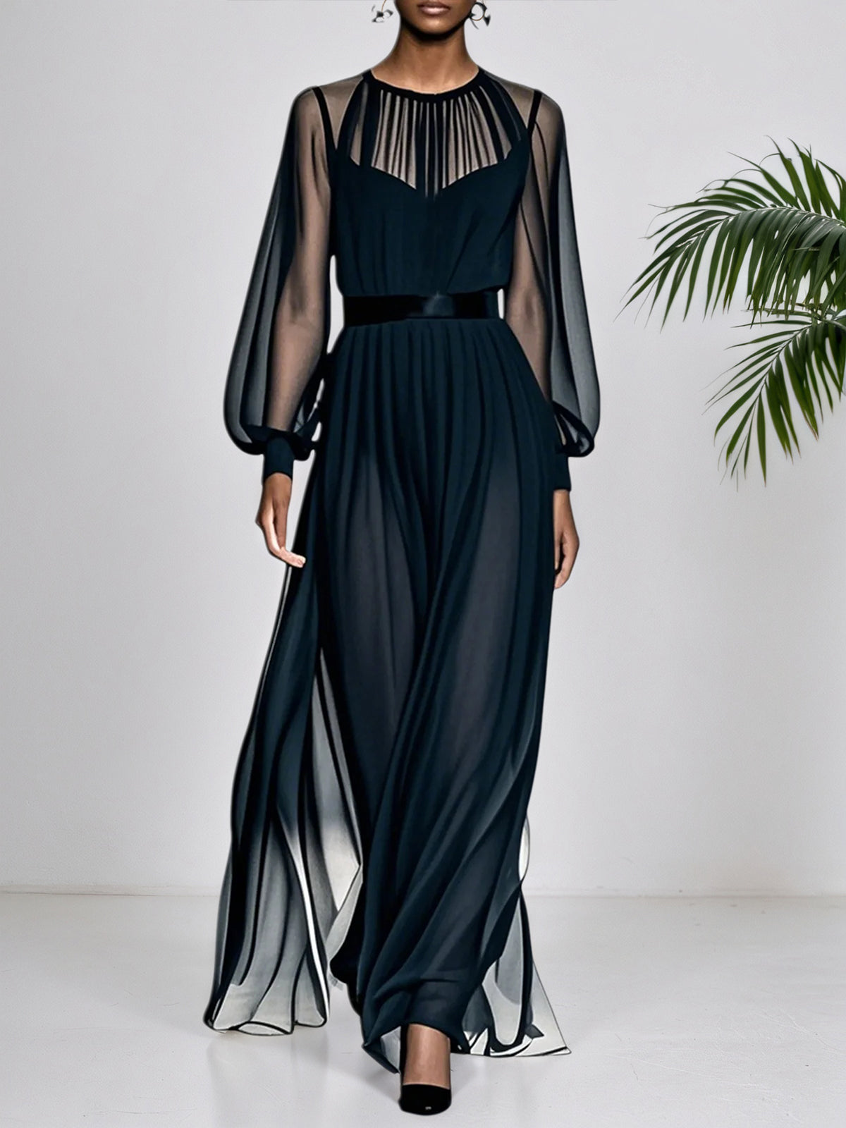 Black Mesh Ruched Chiffon Crew Neck Long Balloon Sleeve A-Line Maxi Dress