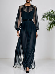 Black Mesh Ruched Chiffon Crew Neck Long Balloon Sleeve A-Line Maxi Dress
