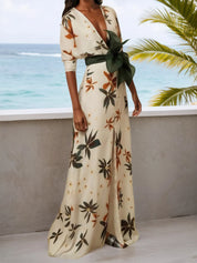 White Floral V Neck Long Sleeve A-Line Maxi Dress