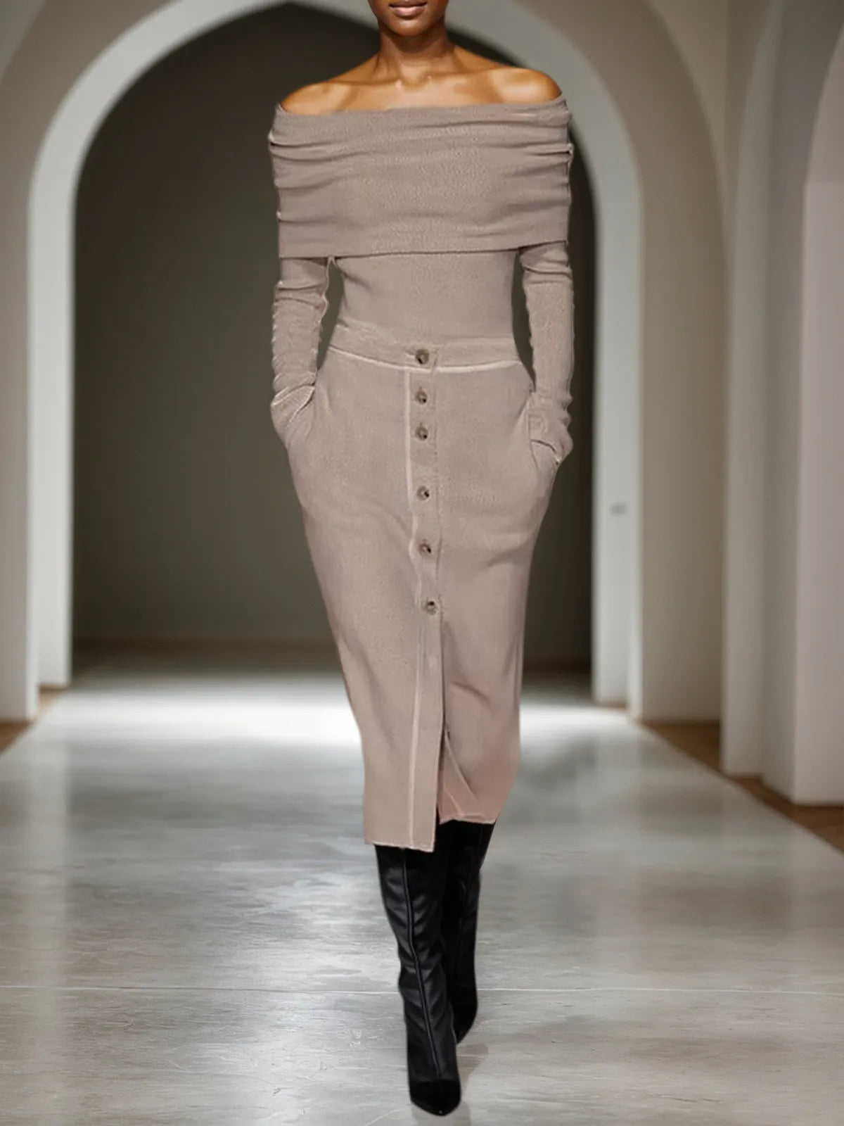 Khaki Buckle Off The Shoulder Long Sleeve Sheath Midi Sweater Dress