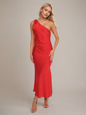 Red Satin Sheath/Column One Shoulder Sleeveless Ankle Length Bridesmaid Dress
