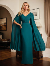 Peacock Chiffon V Neck Cape Sleeves Floor Length Dress With Pleated