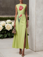 Green Embroidery Slit Classic Crew Neck Sleeveless A-Line Maxi Dress