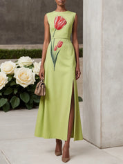 Green Embroidery Slit Classic Crew Neck Sleeveless A-Line Maxi Dress
