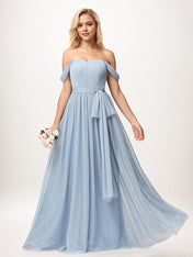 Dusty Blue A Line Tulle Off The Shoulder Sleeveless Floor-Length Bridesmaid Dresses