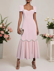 Pink Rhinestone Classic Sweetheart Neckline Short Sleeve A-Line Maxi Dress