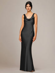 Black Satin Sheath/Column Cowl Neckline Sleeveless Floor-Length Bridesmaid Dress