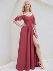 Cinnamon Rose Chiffon A Line Spaghetti Straps Floor Length Bridesmaid Dress