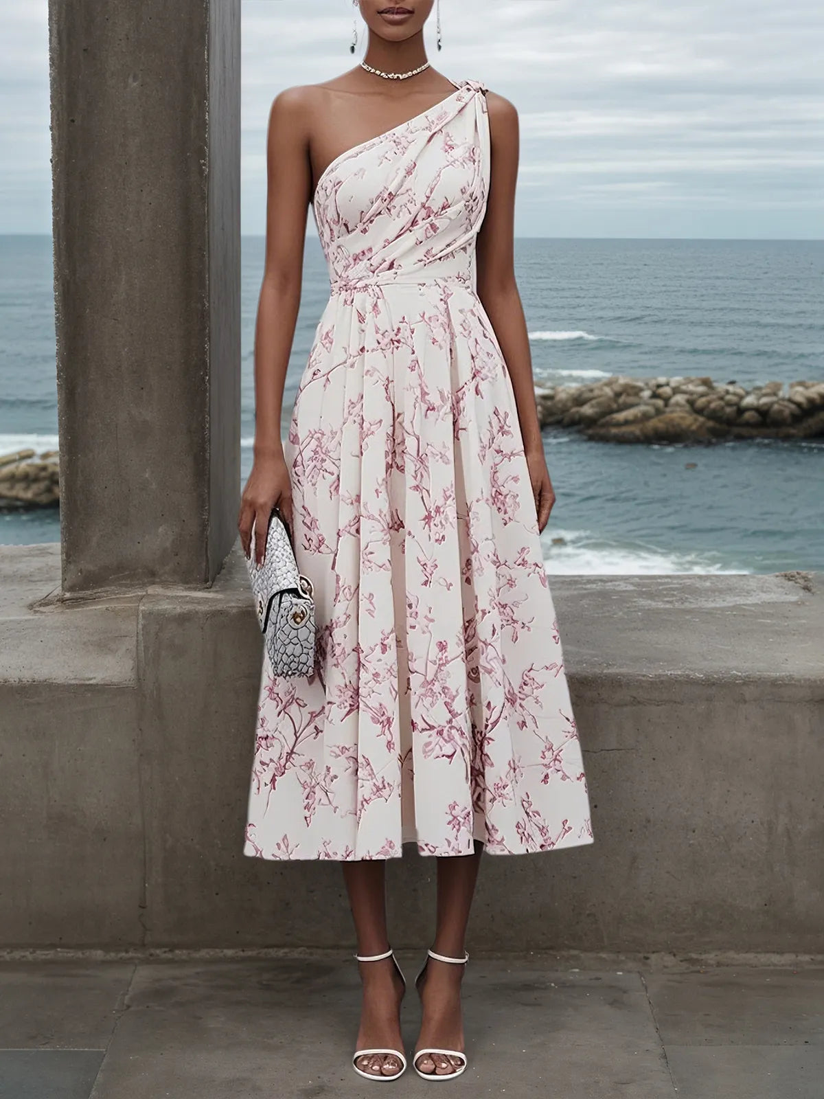 Pink One Shoulder Floral Sleeveless A-Line Midi Dress
