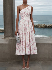 Pink One Shoulder Floral Sleeveless A-Line Midi Dress