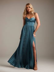 French Blue A-Line Spaghetti Straps Straps Floor-Length Satin Bridesmaid Dress