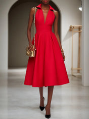 Red Classic Shirt Collar Sleeveless A-Line Midi Dress