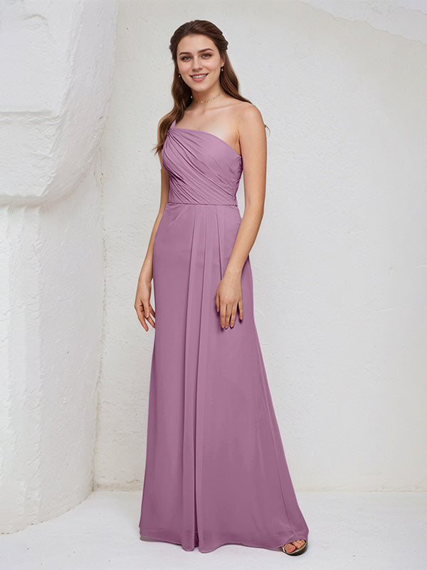 Orchid Chiffon A Line One Shoulder Sleeveless Floor Length Bridesmaid Dress