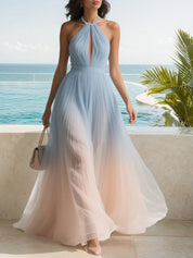 Light Blue Pleated Chiffon Halter Sleeveless A-Line Maxi Dress