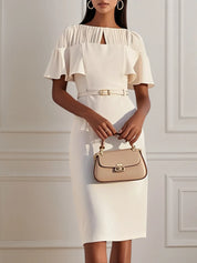 Off White Ruched Classic Crew Neck Sheath Midi Dress