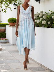 Light Blue Lace Asymmetric Chiffon V Neck Sleeveless A-Line Maxi Dress
