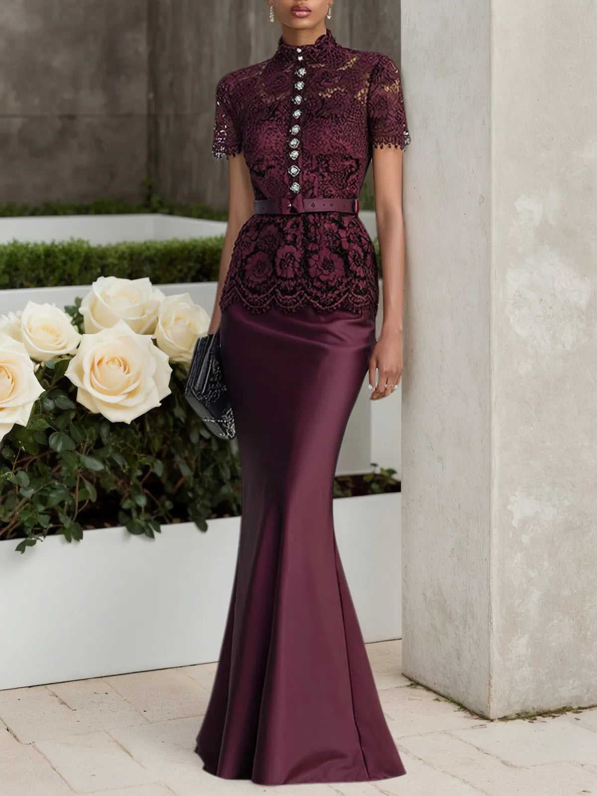 Wine Red Buckle Lace Classic Mock Neck Short Sleeve Mermaid Maxi Dress