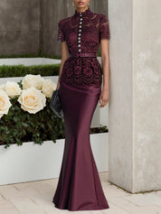 Wine Red Buckle Lace Classic Mock Neck Short Sleeve Mermaid Maxi Dress