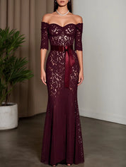 Wine Red Lace Off The Shoulder Half Sleeve Sheath Maxi Dress