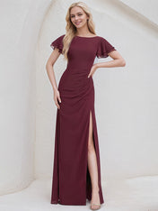 Cabernet Chiffon A Line Boat Neck Ruffle Sleeves Floor Length Bridesmaid Dress