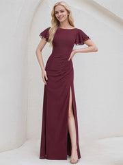 Cabernet Chiffon A Line Boat Neck Ruffle Sleeves Floor Length Bridesmaid Dress