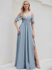 Dusty Blue Chiffon A Line Spaghetti Straps Floor Length Bridesmaid Dress With Ruffle