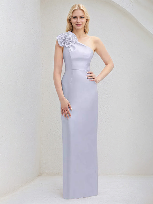 Lavender Sheath/Column One Shoulder Sleeveless Floor Length Satin Bridesmaid Dresses