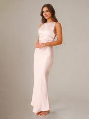 Blushing Pink Satin Sheath/Column Scoop Floor Length Bridesmaid Dresses
