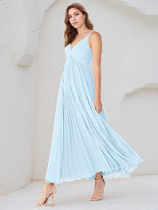 Sky Blue A-Line V Neck Floor-Length Chiffon Bridesmaid Dress