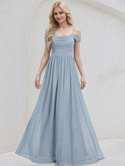 Dusty Blue Chiffon A Line Spaghetti Straps Sleeveless Floor Length Bridesmaid Dress