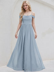 Dusty Blue Chiffon A Line Spaghetti Straps Sleeveless Floor Length Bridesmaid Dress